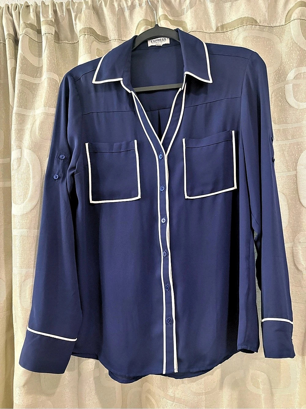 Express Portofino Shirt Piped Button Down Shirt in Blue Size Medium